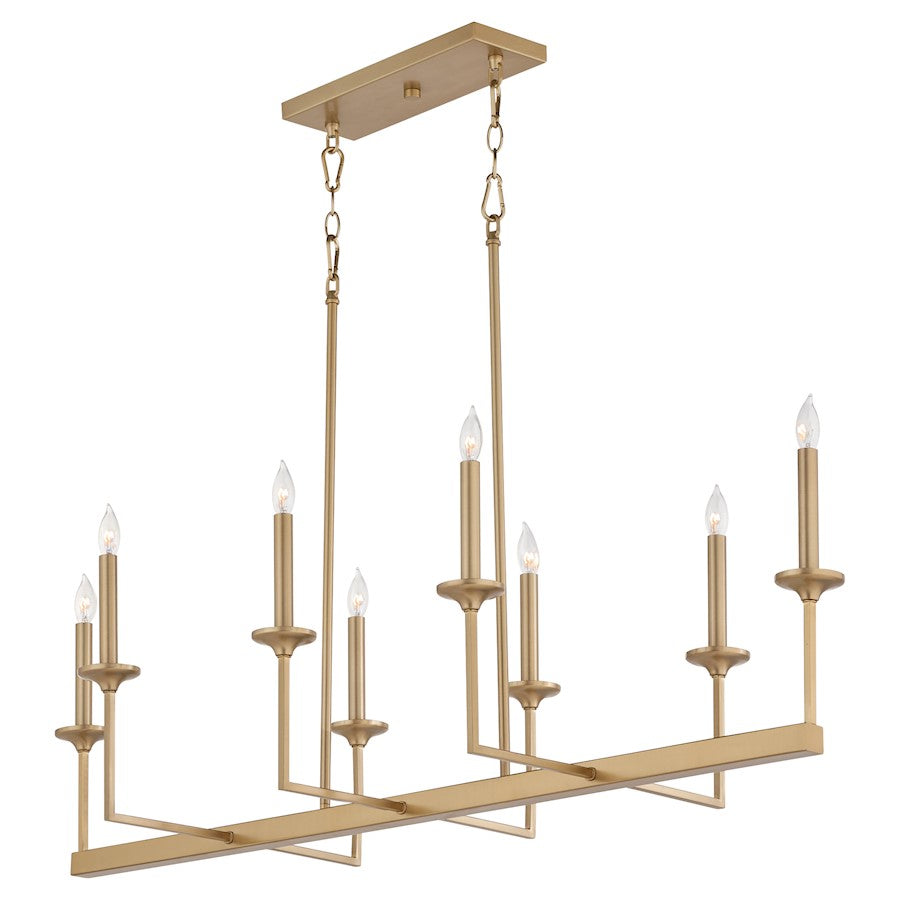 8 Light Linear Chandelier, Aged Brass