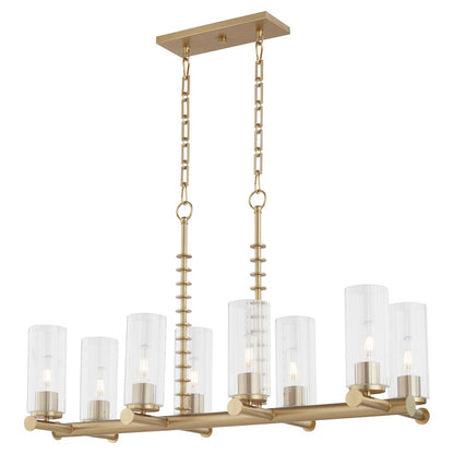 8 Light Linear Chandelier, Aged Brass