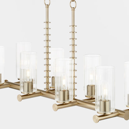 8 Light Linear Chandelier, Aged Brass