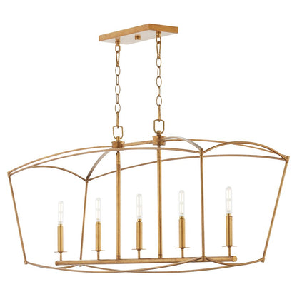 5 Light Linear Chandelier, Gold Leaf