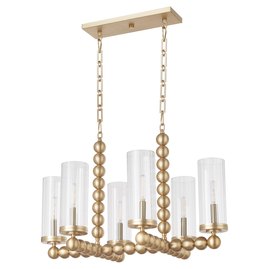 Quorum Lee Blvd 6Lt Linear Chandelier, Aged Brass/Clear/Fluted - 665-6-80