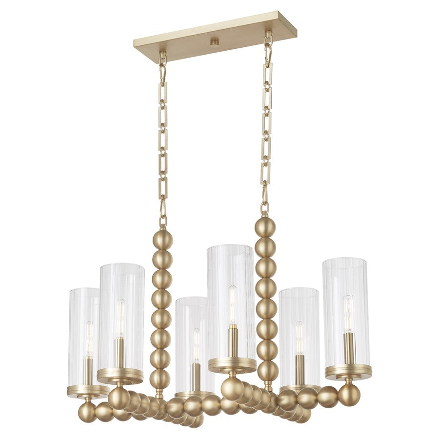 6 Light Linear Chandelier, Aged Brass