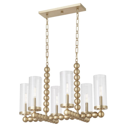 6 Light Linear Chandelier, Aged Brass