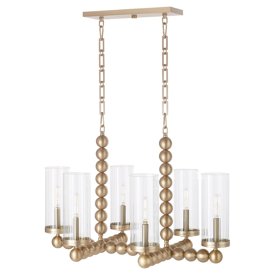 6 Light Linear Chandelier, Aged Brass