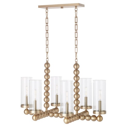 6 Light Linear Chandelier, Aged Brass