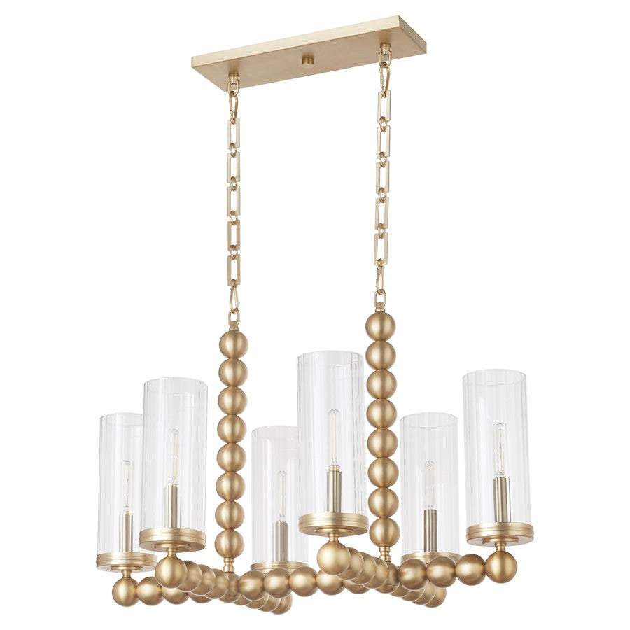 6 Light Linear Chandelier, Aged Brass
