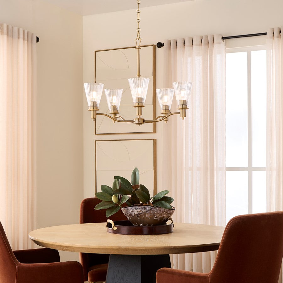 Quorum Lawton 5 Light Chandelier, Brushed Brass/Clear