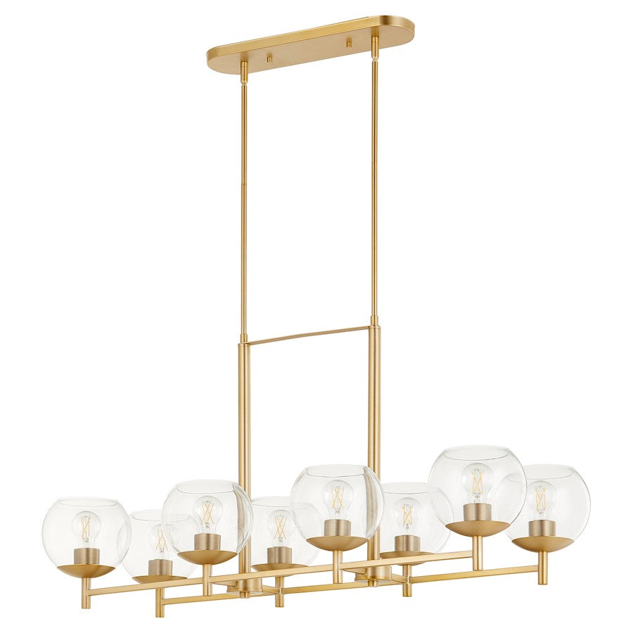 8 Light Linear Chandelier, Aged Brass