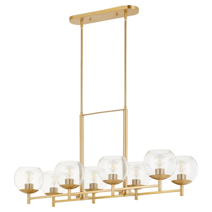 8 Light Linear Chandelier, Aged Brass