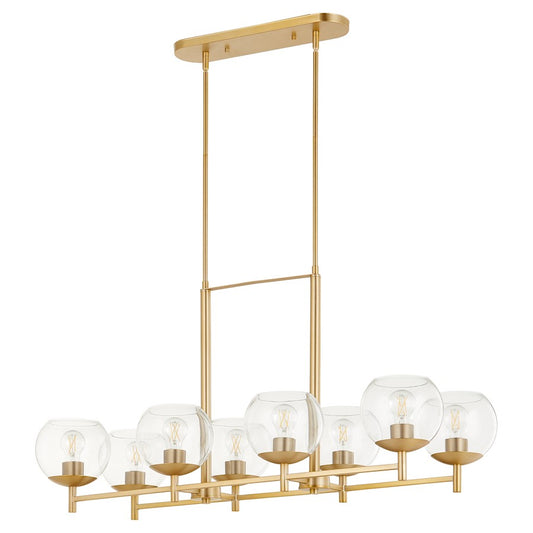 8 Light Linear Chandelier, Aged Brass