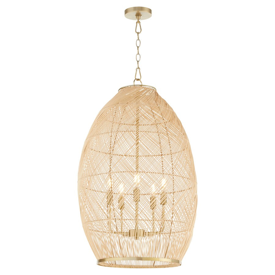 5 Light Rattan Pendant, Aged Brass