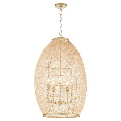 5 Light Rattan Pendant, Aged Brass