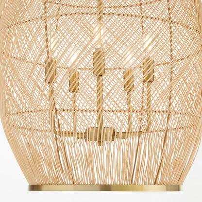 5 Light Rattan Pendant, Aged Brass