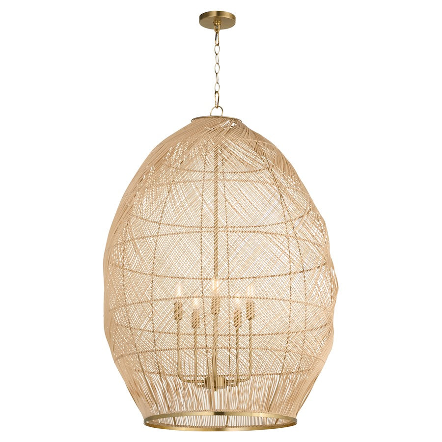 5 Light Rattan Pendant, Aged Brass