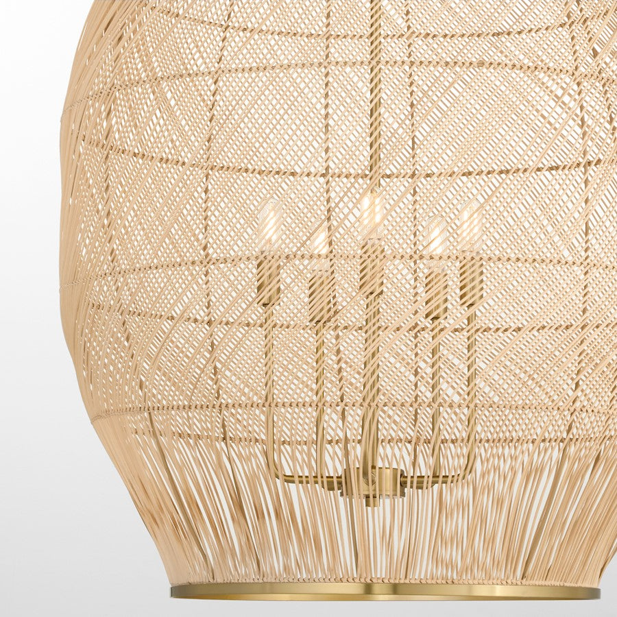 5 Light Rattan Pendant, Aged Brass