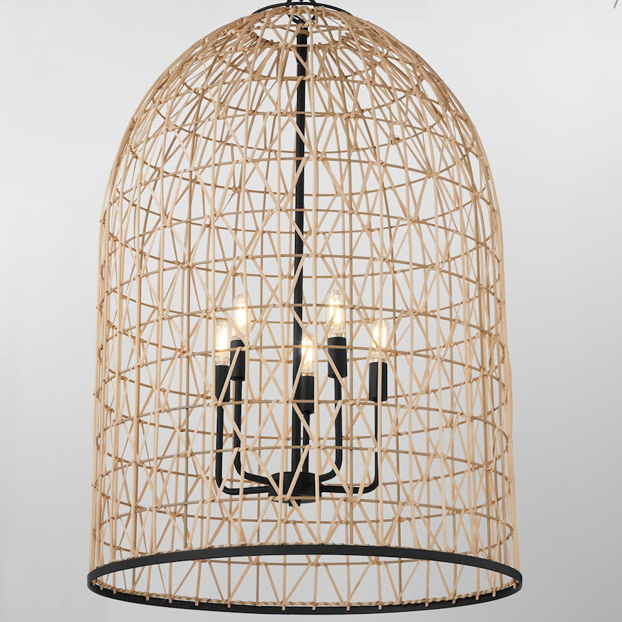 5 Light Rattan Pendant, Matte Black