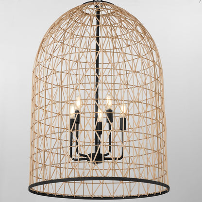 5 Light Rattan Pendant, Matte Black