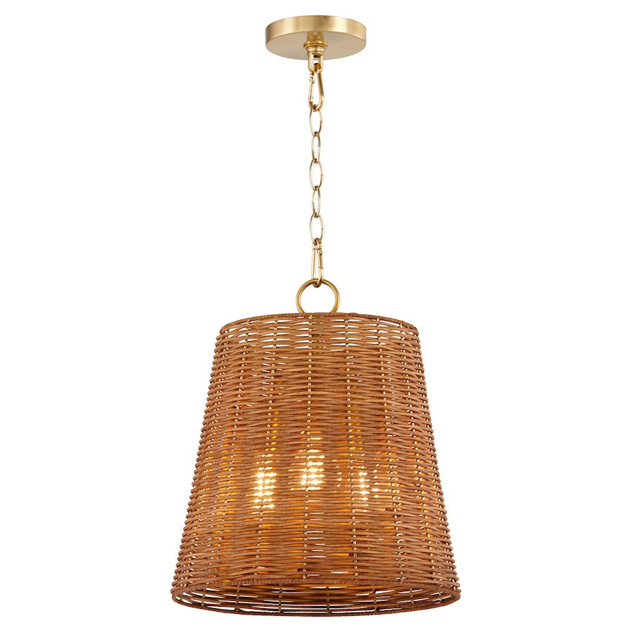 3 Light Wicker Pendant, Aged Brass