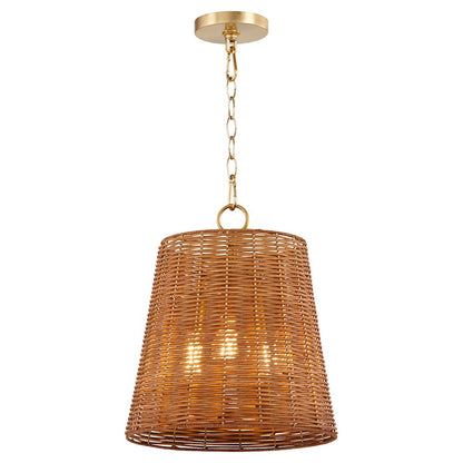 3 Light Wicker Pendant, Aged Brass