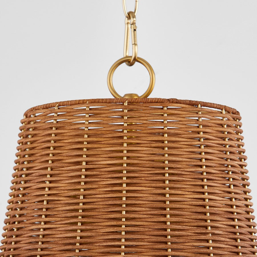 3 Light Wicker Pendant, Aged Brass