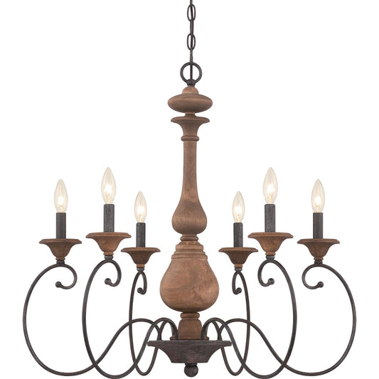 Quoizel Auburn 28in 6-Light Chandelier | Rustic Black Steel and Walnut Wood | Dining Room & Foyer | 28 x 28 x 28 in | Model ABN5006RK