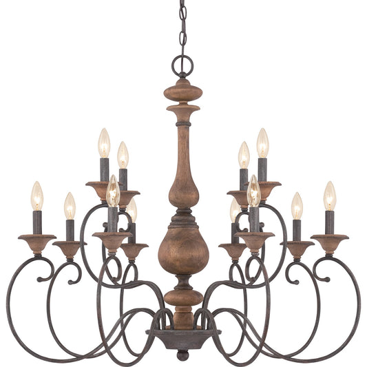 Quoizel Auburn 36in 12-Light Chandelier | Rustic Black Steel and Walnut Wood | Dining Room & Foyer | 36 x 36 x 31 in | Model ABN5012RK