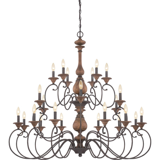 Quoizel Auburn 48in 24-Light Chandelier | Rustic Black Steel and Walnut Wood | Grand Foyer & Ballroom | 48 x 48 x 45 in | Model ABN5024RK