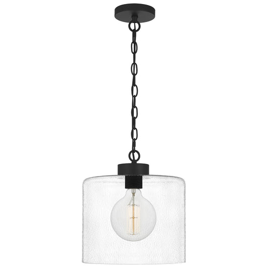 Quoizel Abner 12in 1-Light Pendant | Matte Black Steel and Clear Hammered Glass | Kitchen Island & Bath | 12 x 12 x 13.25 in | Model ABR1512MBK