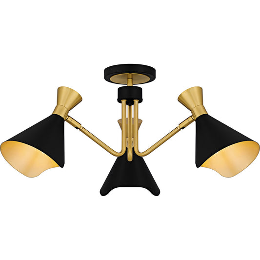Quoizel Arden 26in 3-Light Semi-Flush Mount | Modern Matte Black and Gold Metal | Bedroom & Hallway | 26 x 26 x 11 in | Model ADN1726MBK