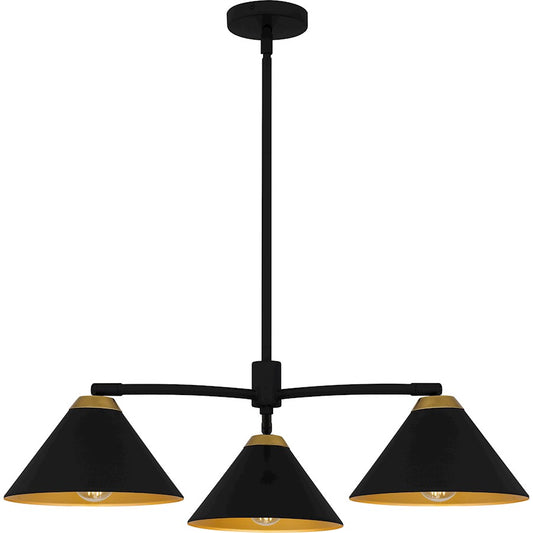 Quoizel Alscott 32in 3-Light Chandelier | Modern Industrial Matte Black and Gold Metal | Kitchen Island & Dining Room | Model ALS5032MBK