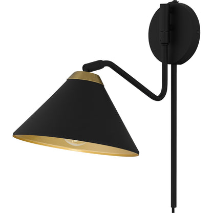 Quoizel Alscott 1-Light Wall Sconce | Modern Industrial Matte Black and Gold Metal Swing Arm | Bedroom & Hallway Task Light | Model ALS8810MBK