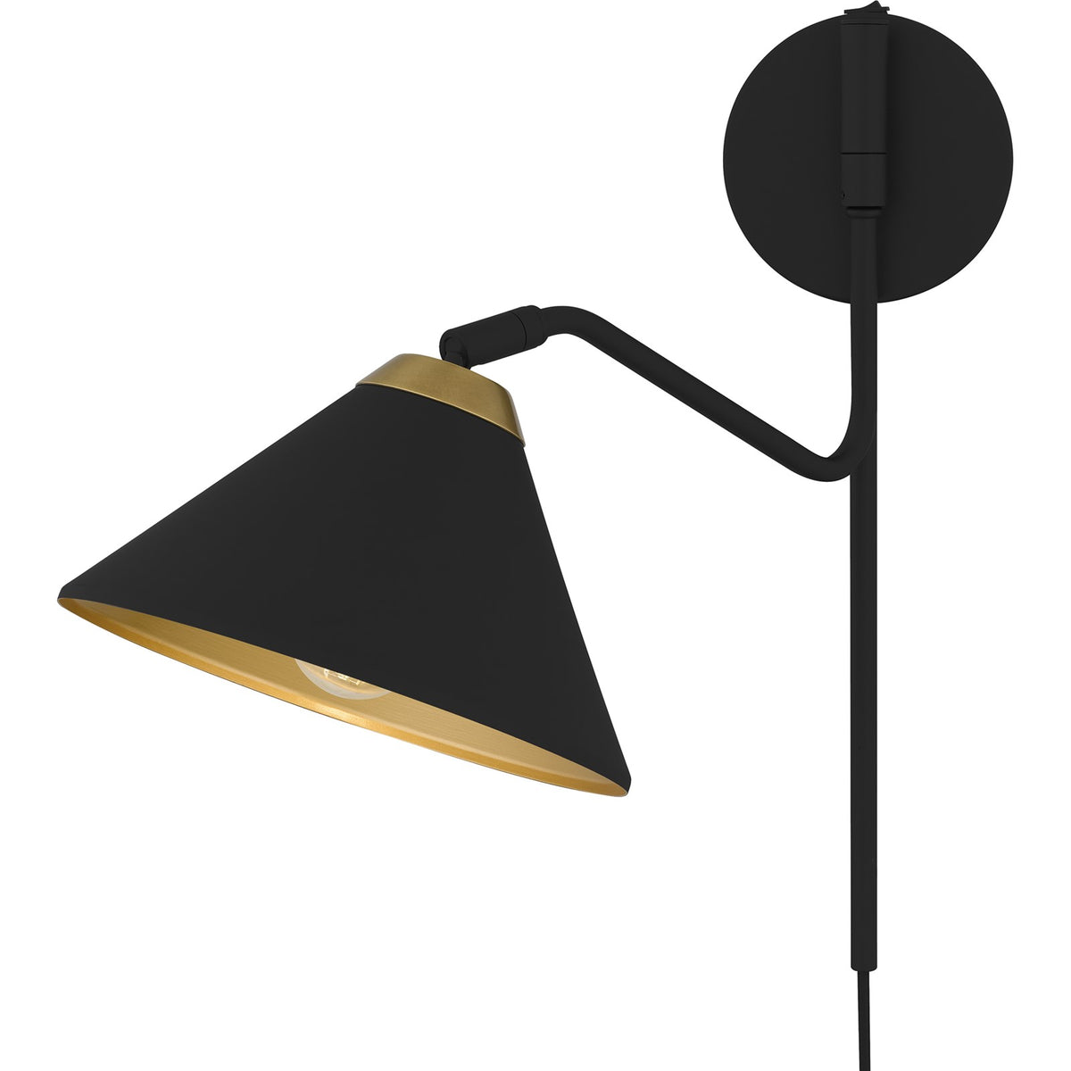 Quoizel Alscott 1-Light Wall Sconce | Modern Industrial Matte Black and Gold Metal Swing Arm | Bedroom & Hallway Task Light | Model ALS8810MBK