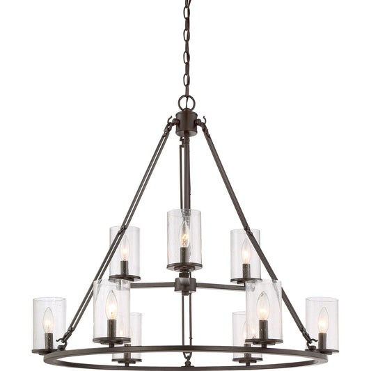 Quoizel Buchanan 33in 9-Light Chandelier | Rustic Western Bronze and Clear Seedy Glass | Dining Room & Foyer | 33 x 33 x 30 in | Model BCN5009WT