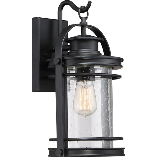 Quoizel Booker 9in 1-Light Outdoor Wall Sconce | Traditional Mystic Black and Clear Seedy Glass | Porch & Entryway | 9 x 8.5 x 15 in | Model BKR8408K