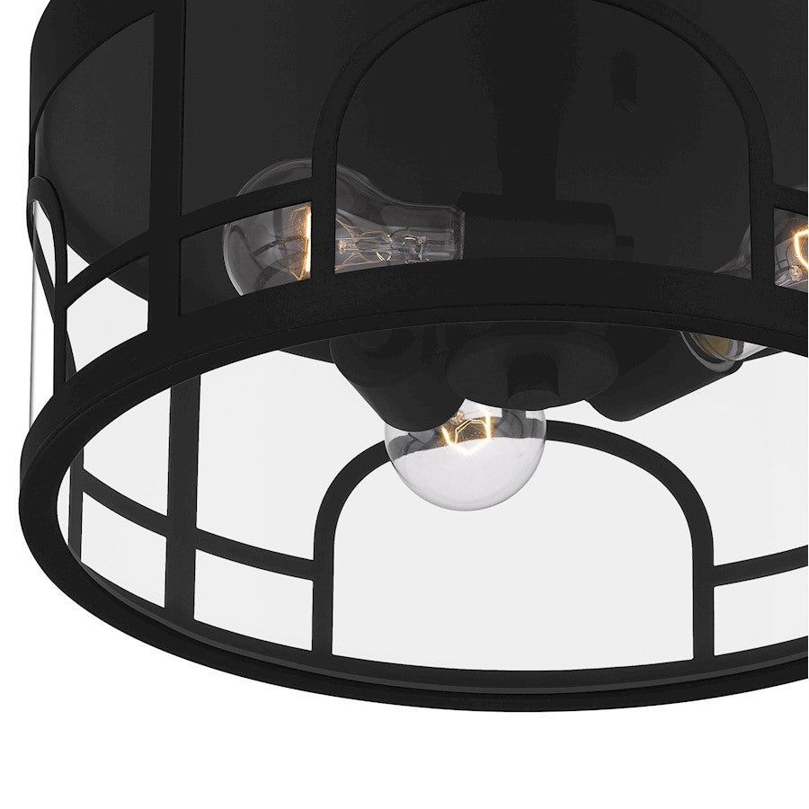 Quoizel Brampton 3 Light Flush Mount, Matte Black/Clear