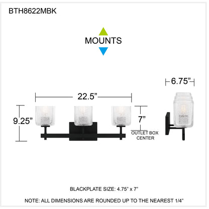 Quoizel Brenthouse 22in 3-Light Vanity Light | Modern Matte Black and Clear Glass | Bathroom Vanity & Powder Room | Model BTH8622MBK