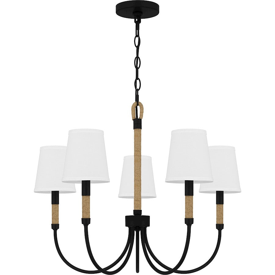 Quoizel Bayside 5 Light Chandelier, Matte Black/White Fabric