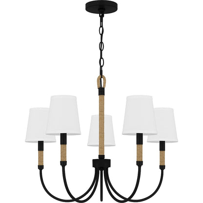 Quoizel Bayside 5 Light Chandelier, Matte Black/White Fabric