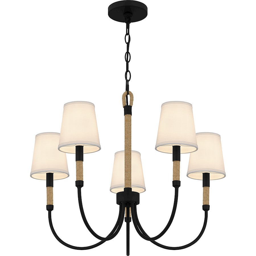 Quoizel Bayside 5 Light Chandelier, Matte Black/White Fabric