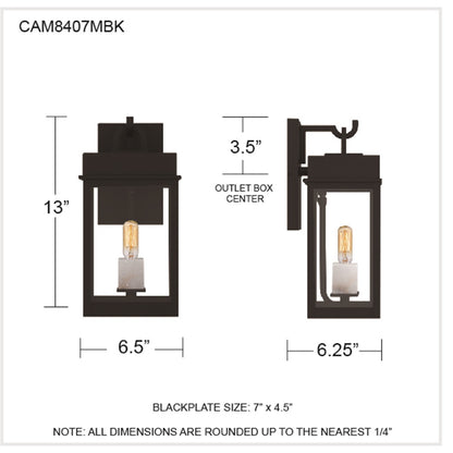 Quoizel Carmen 13in 1-Light Outdoor Wall Lantern | Transitional Matte Black and Clear Glass | Front Porch & Patio | Model CAM8407MBK