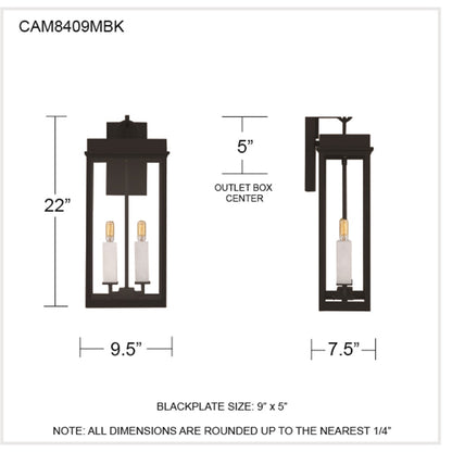 Quoizel Carmen 9in 2-Light Outdoor Wall Lantern | Transitional Matte Black and Clear Glass | Front Porch & Patio | Model CAM8409MBK