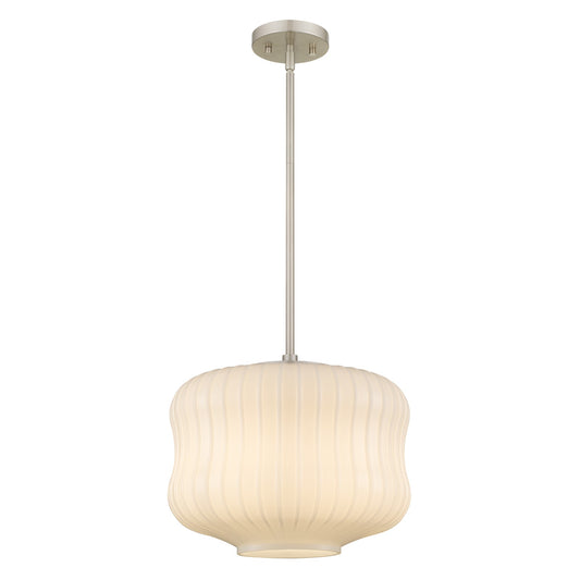 Quoizel Cara 14in 1-Light Pendant | Modern Brushed Nickel and Ribbed Clear Opal Glass | Kitchen Island & Dining Room | Model CARA1814BN