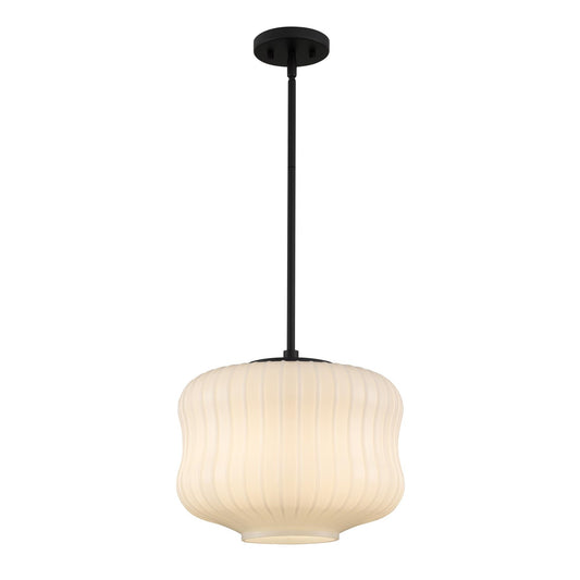 Quoizel Cara 14in 1-Light Pendant | Modern Matte Black and Ribbed Clear Opal Glass | Kitchen Island & Dining Room | Model CARA1814MBK