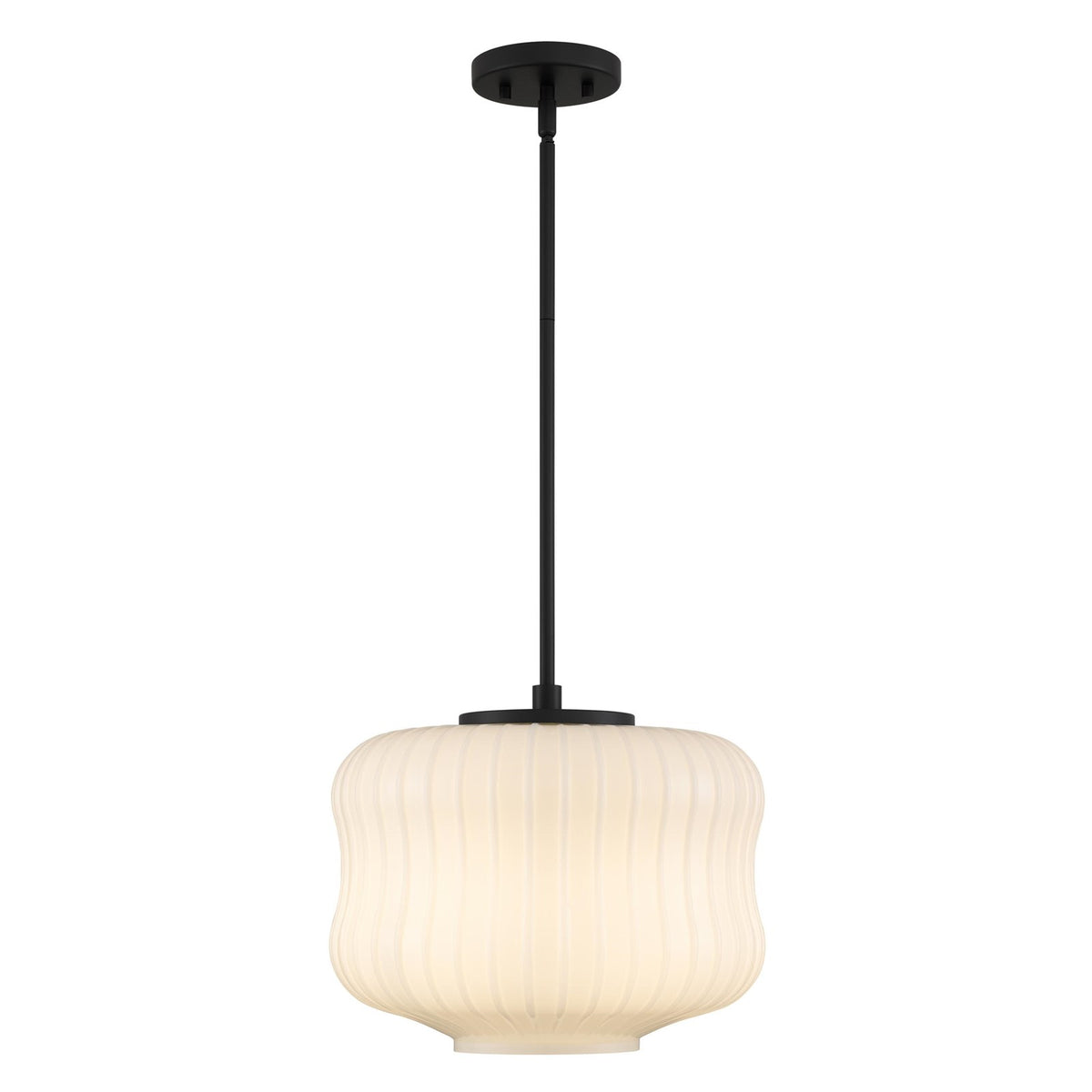 Quoizel Cara 14in 1-Light Pendant | Modern Matte Black and Ribbed Clear Opal Glass | Kitchen Island & Dining Room | Model CARA1814MBK