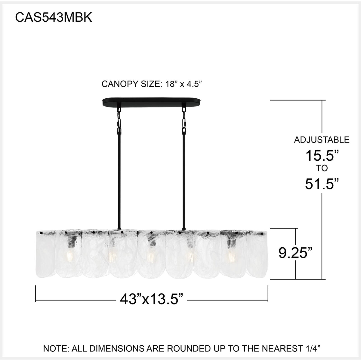 Quoizel Cassidy 43in 5-Light Island Chandelier | Transitional Matte Black and White Swirl Glass | Kitchen Island & Dining Room | Model CAS543MBK