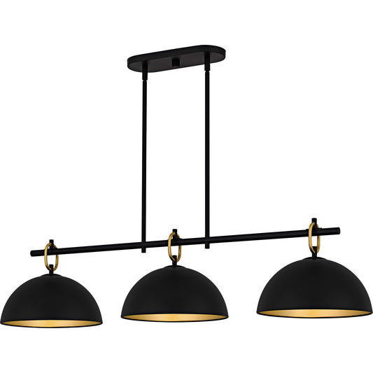 Quoizel Cleo 44in 3-Light Island Chandelier | Industrial Matte Black and Gold Metal Shade | Kitchen Island & Dining Room | Model CEO344MBK