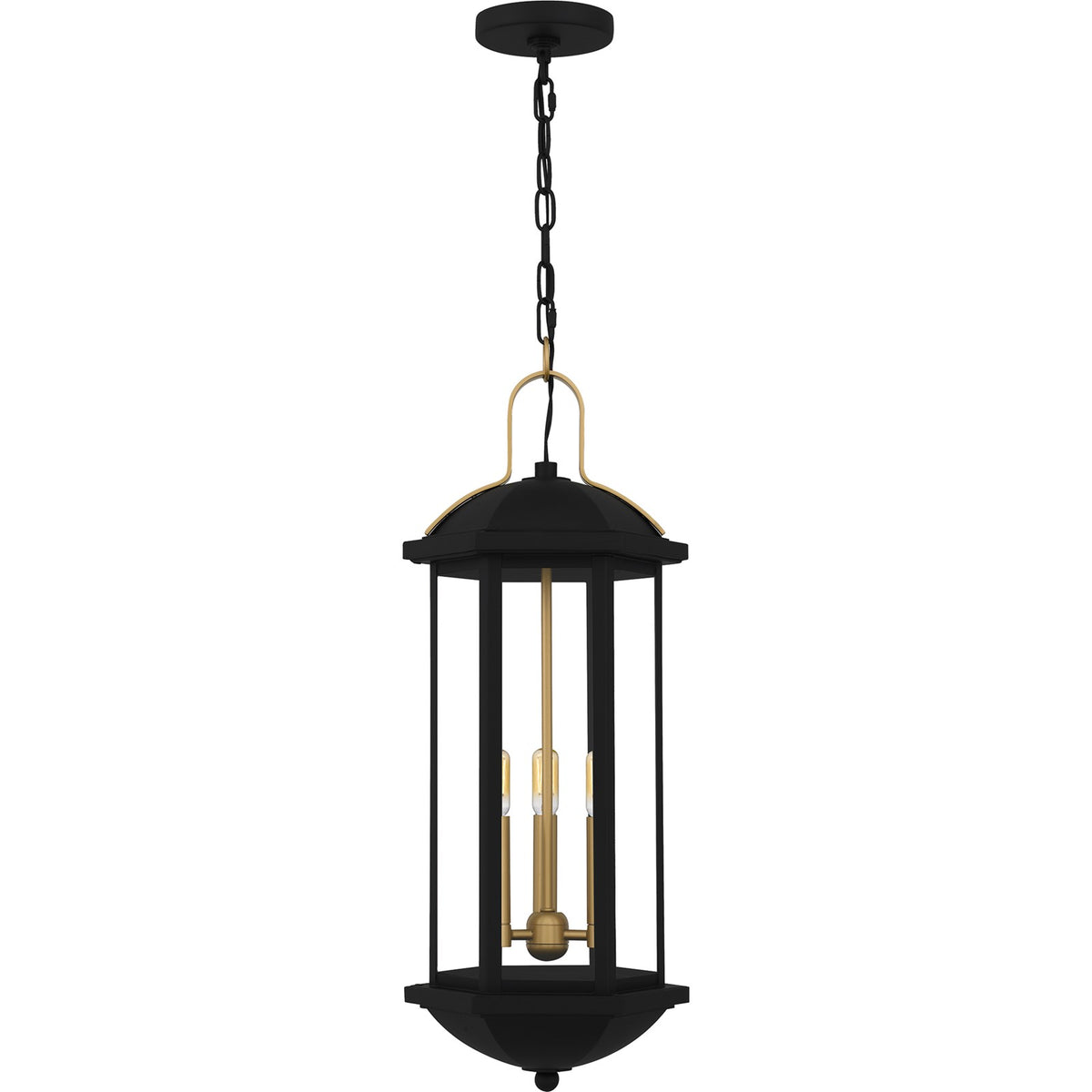 Quoizel Crestfield 10in 3-Light Mini Pendant | Classic Matte Black and Brushed Gold Clear Glass | Kitchen Island & Bar Area | Model CFD1510MBK