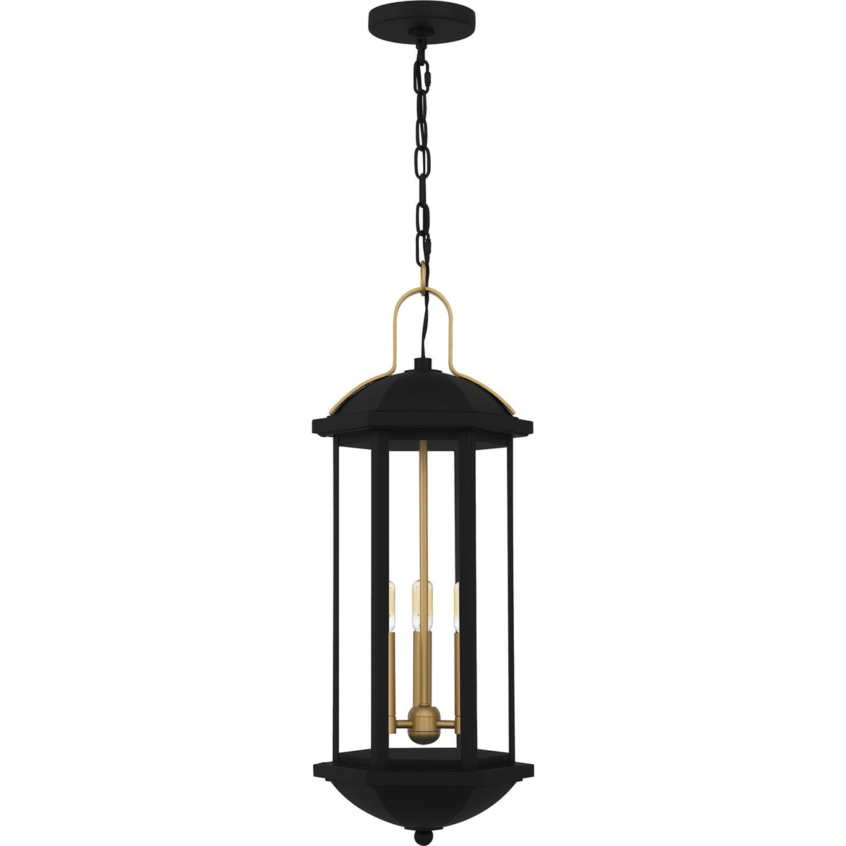 Quoizel Crestfield 10in 3-Light Mini Pendant | Classic Matte Black and Brushed Gold Clear Glass | Kitchen Island & Bar Area | Model CFD1510MBK
