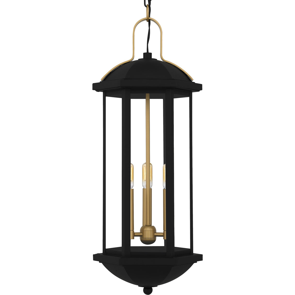 Quoizel Crestfield 10in 3-Light Outdoor Hanging Lantern | Classic Matte Black and Brushed Gold Clear Glass | Covered Patio & Porch | Model CFD1910MBK