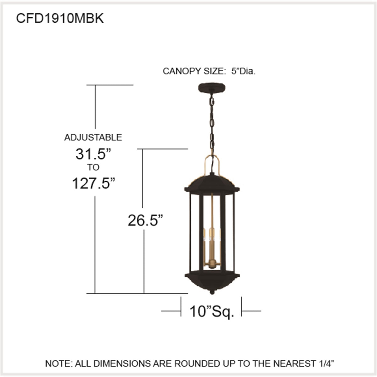 Quoizel Crestfield 10in 3-Light Outdoor Hanging Lantern | Classic Matte Black and Brushed Gold Clear Glass | Covered Patio & Porch | Model CFD1910MBK